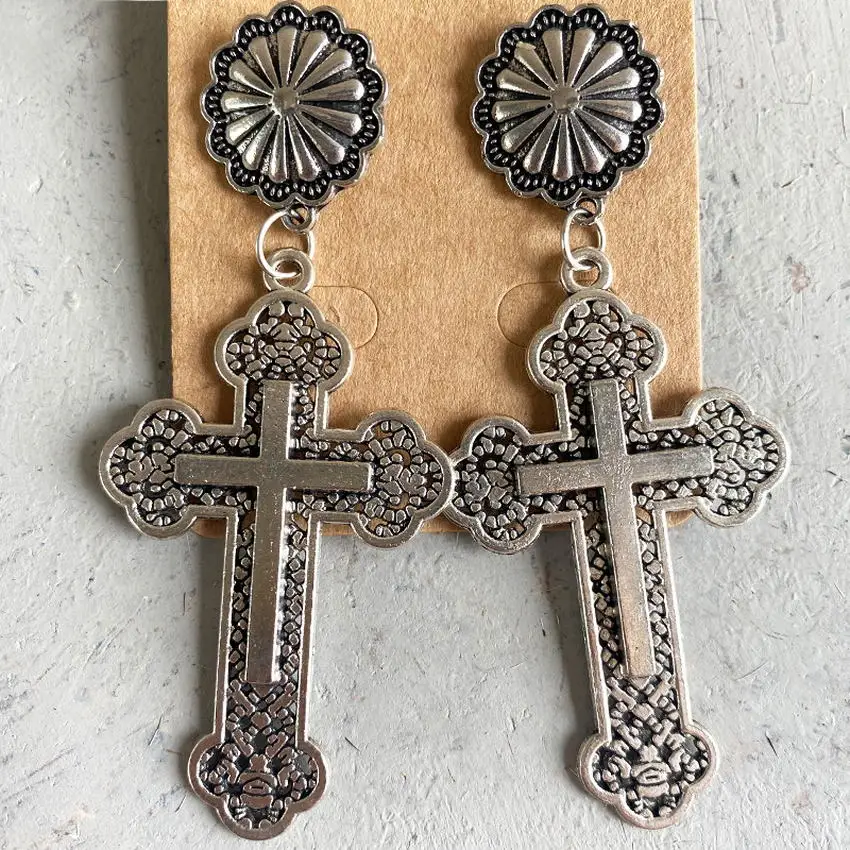 Western Vintage Silver Cushaw Flower Baroque Cross Earrings for Women Turquoise Beads Rood Boutique Jewelry Free Shipping images - 6