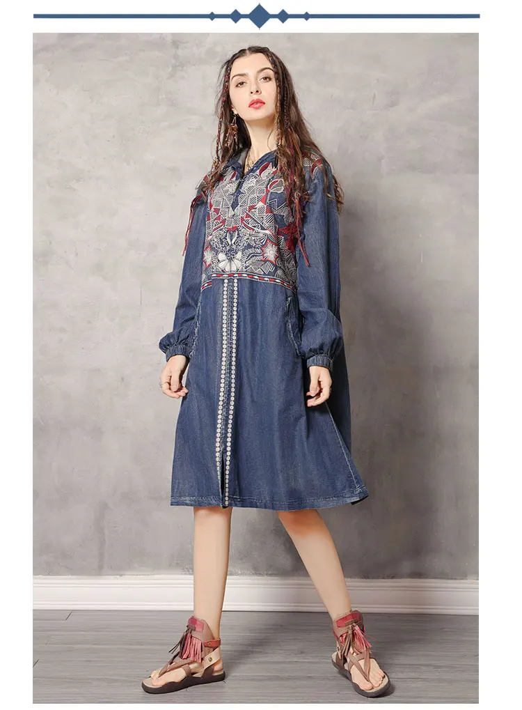 Тренч Yuzi. Мая Boho новые женские джинсовые куртки с капюшоном винтажные длинные пальто на молнии с вышивкой B9286 Casaco Feminino