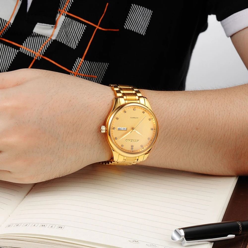 Мужские наручные часы ATIENO роскошные золотистые из нержавеющей стали 3 АТМ |