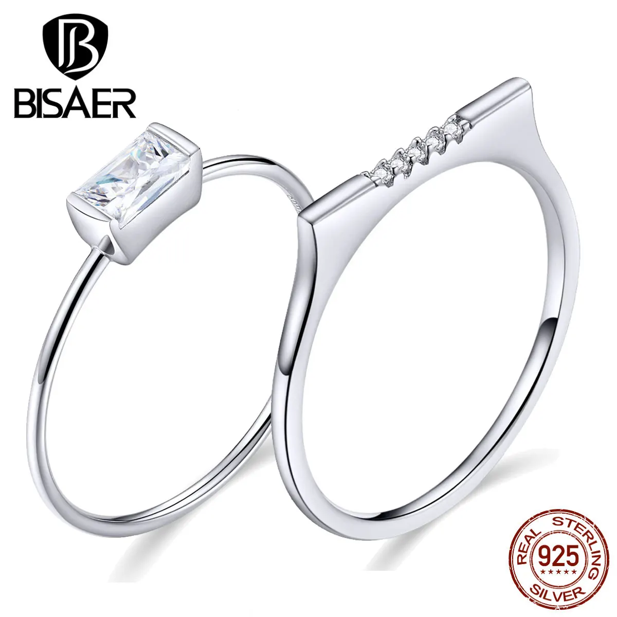 Обручальные кольца BISAER, серебро 925 пробы, первая любовь, прозрачный кубический циркон, кольца на палец для женщин, роскошные серебряные ювелирные изделия ECR564