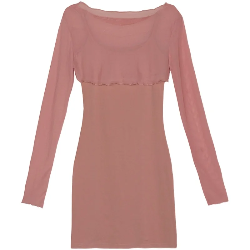 

French Sexy Mesh Outerwear + Slim Fit Slim Looking Base Dungaree Dress Two-Piece Skirt 2021 Spring Female
