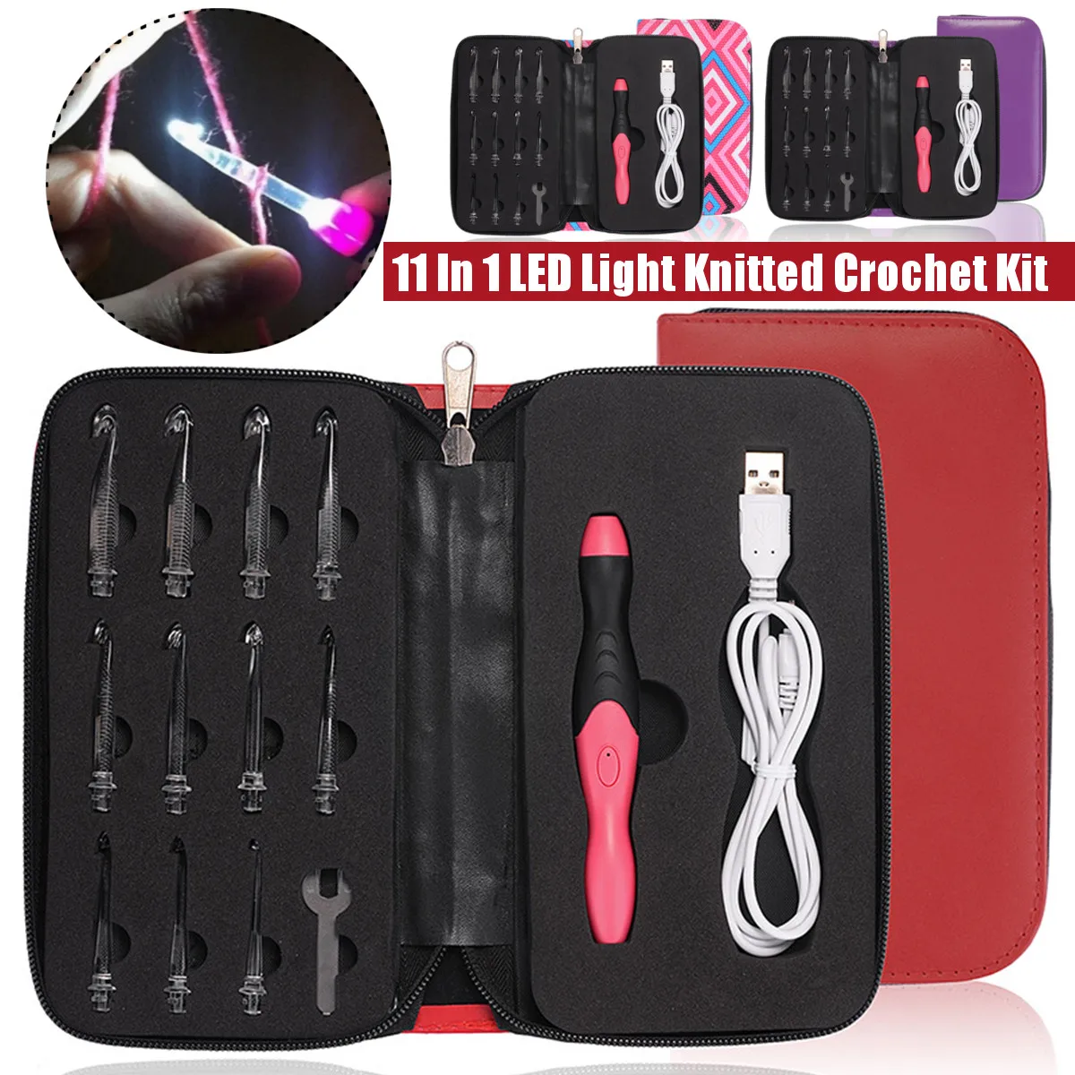 Useful 11 In 1 USB LED Light Up Purple Crochet Hooks Knitting Needles Set Weave Tool Kit Sewing Accessories Sewing Tools