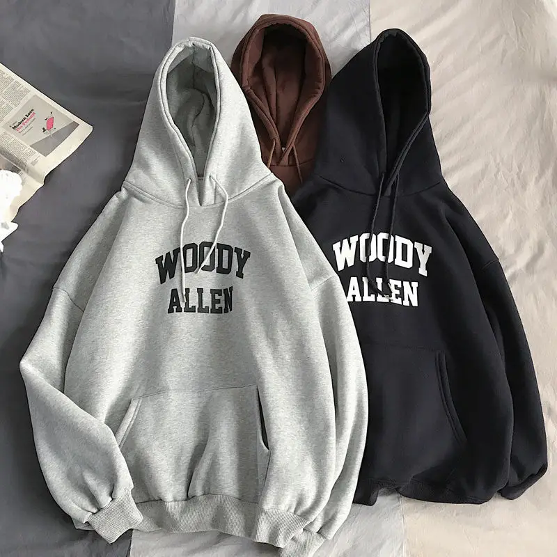 

Толстая флисовая толстовка с капюшоном в гонконгском стиле для мужчин и женщин, осенне-зимняя простая трендовая Свободная куртка с надпись...