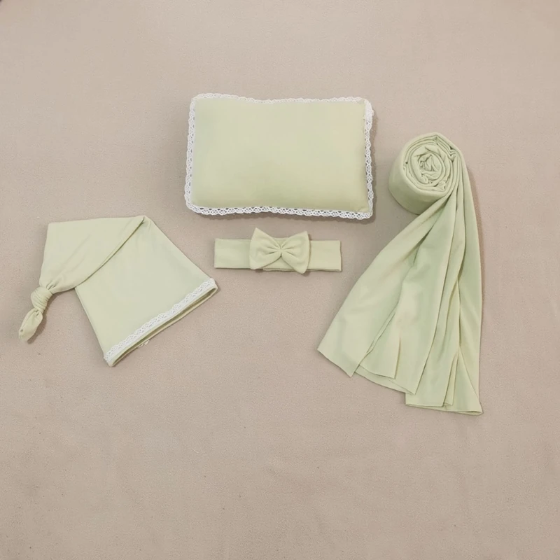 

40JC Newborn Baby 4Pcs Photography Props Headband Knotted Hat Swaddle Blanket Pillow