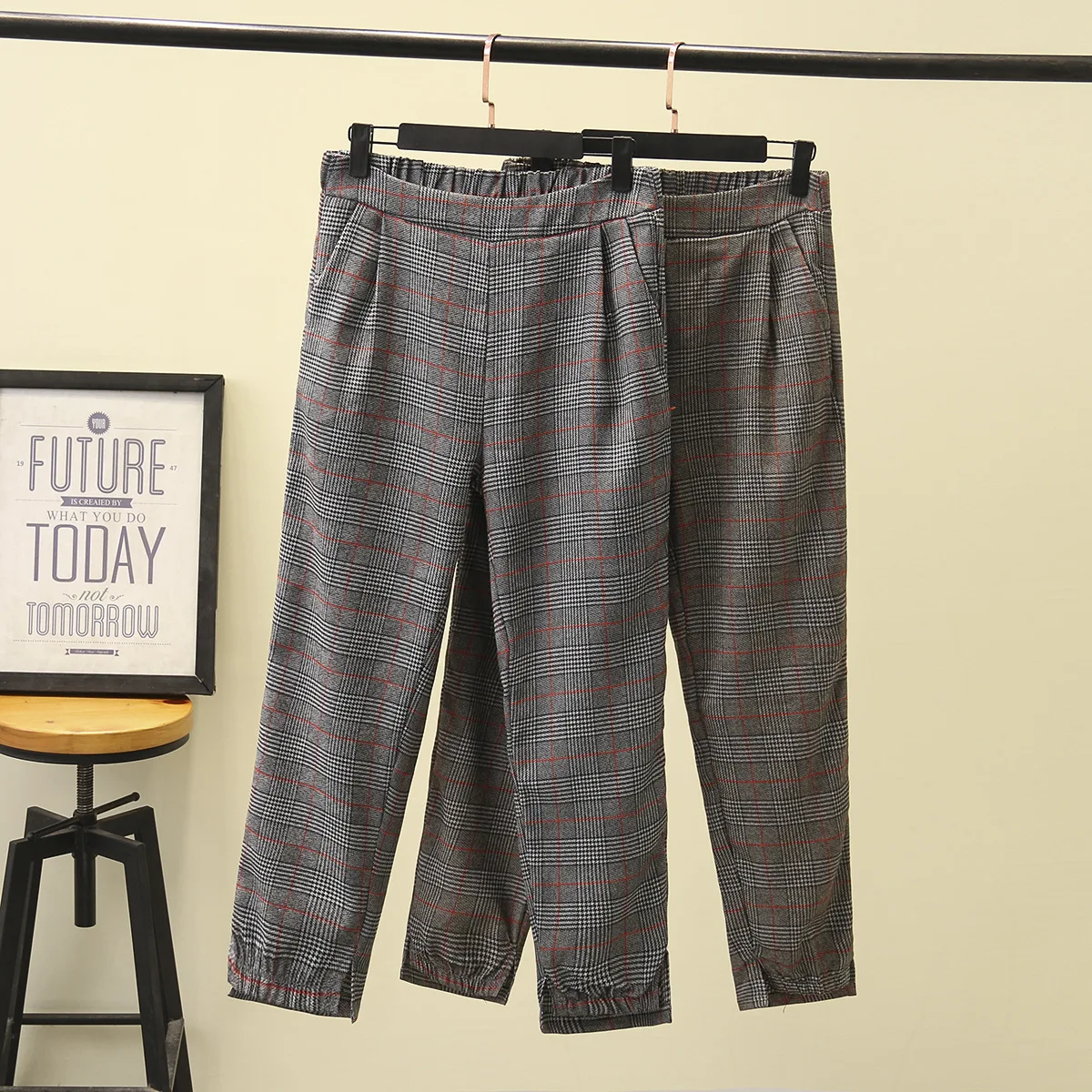 Весенние женские шаровары штаны с завязками на лодыжке клетчатые брюки большие