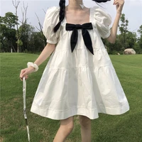 sweet summer lolita cotton dress women japanese harajuku square collar bow mini dress soft girl beach robe femme dresses vestido