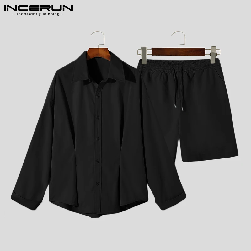 

Casual Set Men All-match Long Sleeve Shirt Short Pant Solid Comeforable Two Pieces Fashion Wear Clothes Suits S-5XL INCERUN 2021