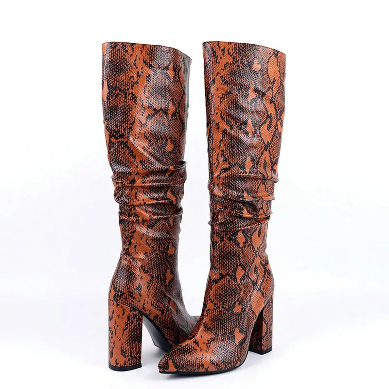 

High Heel Knee High Boots Women Shoes Faux Leather Pleated Long Boots Pointed Toe Zipper Autumn Winter Female Boots