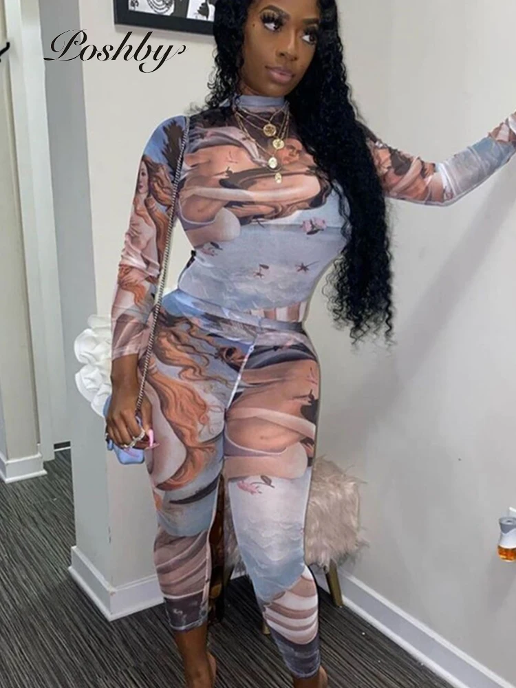 

Poshby Women 2 Pieces Set Carton Angel Mesh Printed Tracksuit Long Sleeve Sexy Skinny Casual Overalls Outfits Sweat Suits