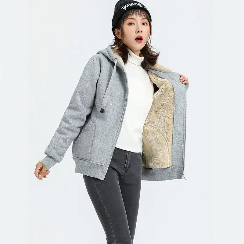 

Luck A Lamb Imitation Plush zip-up Plus Hooded Thick Women Hoodies Jacket Autumn Winter Korean Style Loose Sweatshirt Outwears