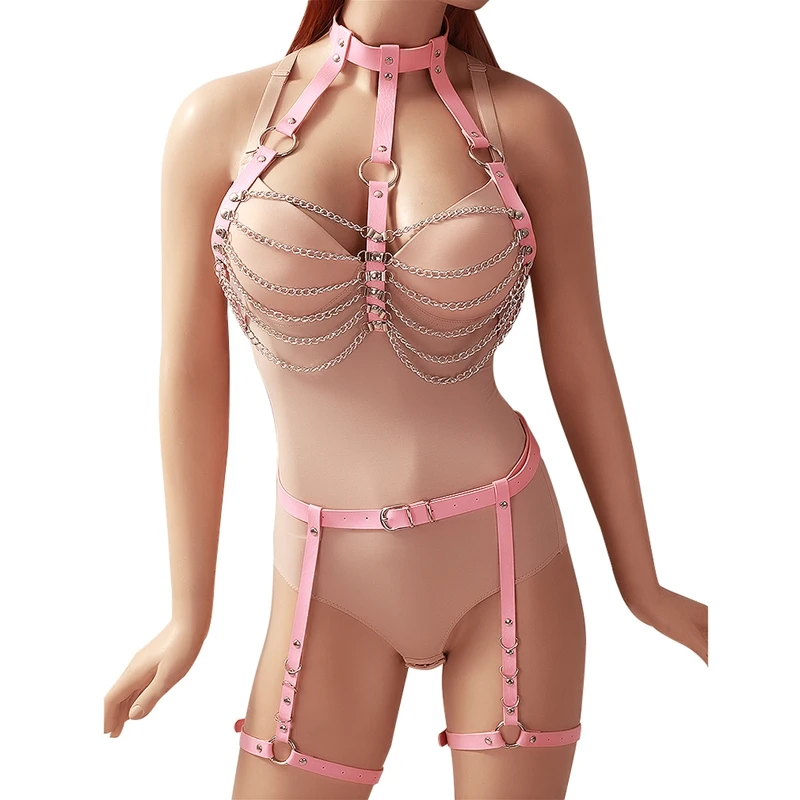 

Pink Sexy Women's Crop Top Chain Cage Leather Body Harness Lingerie Leg Straps Garter Erotic Accessories Adjustable Bondage Set