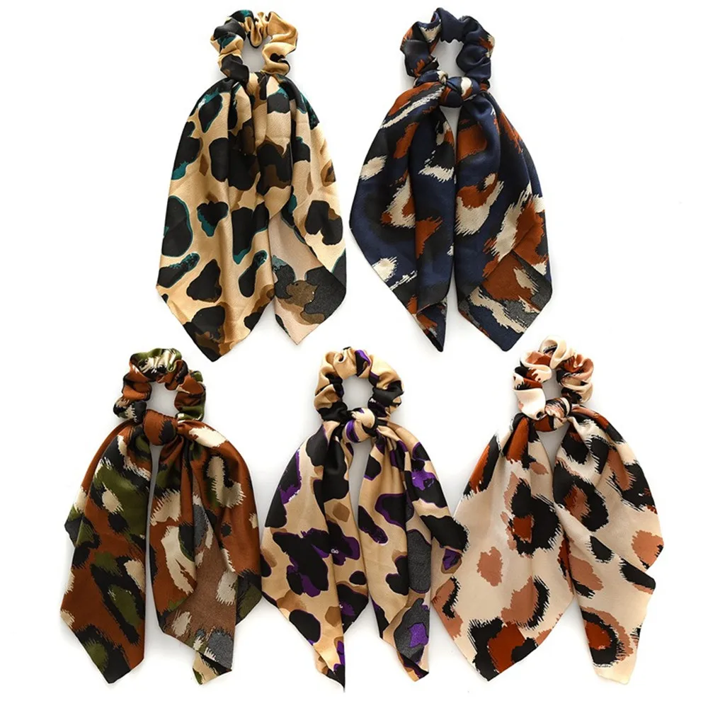 

Leopard Printed Bow Scrunchies For Women Ribbon Elastic Hair Scarf Hair Rubber Hair Ropes Girls Hair Accessories