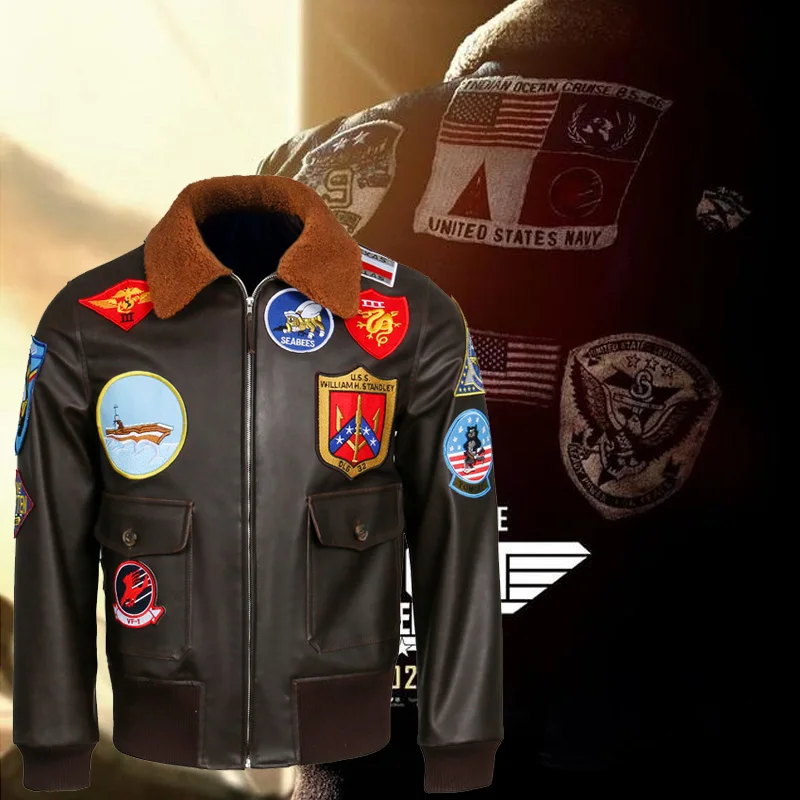 Купи 2020 Top Gun: Maverick Aviator Pilot Leather Jacket Men's Brown Winter Jacket Air Force Wool Collar Coat за 6,706 рублей в магазине AliExpress