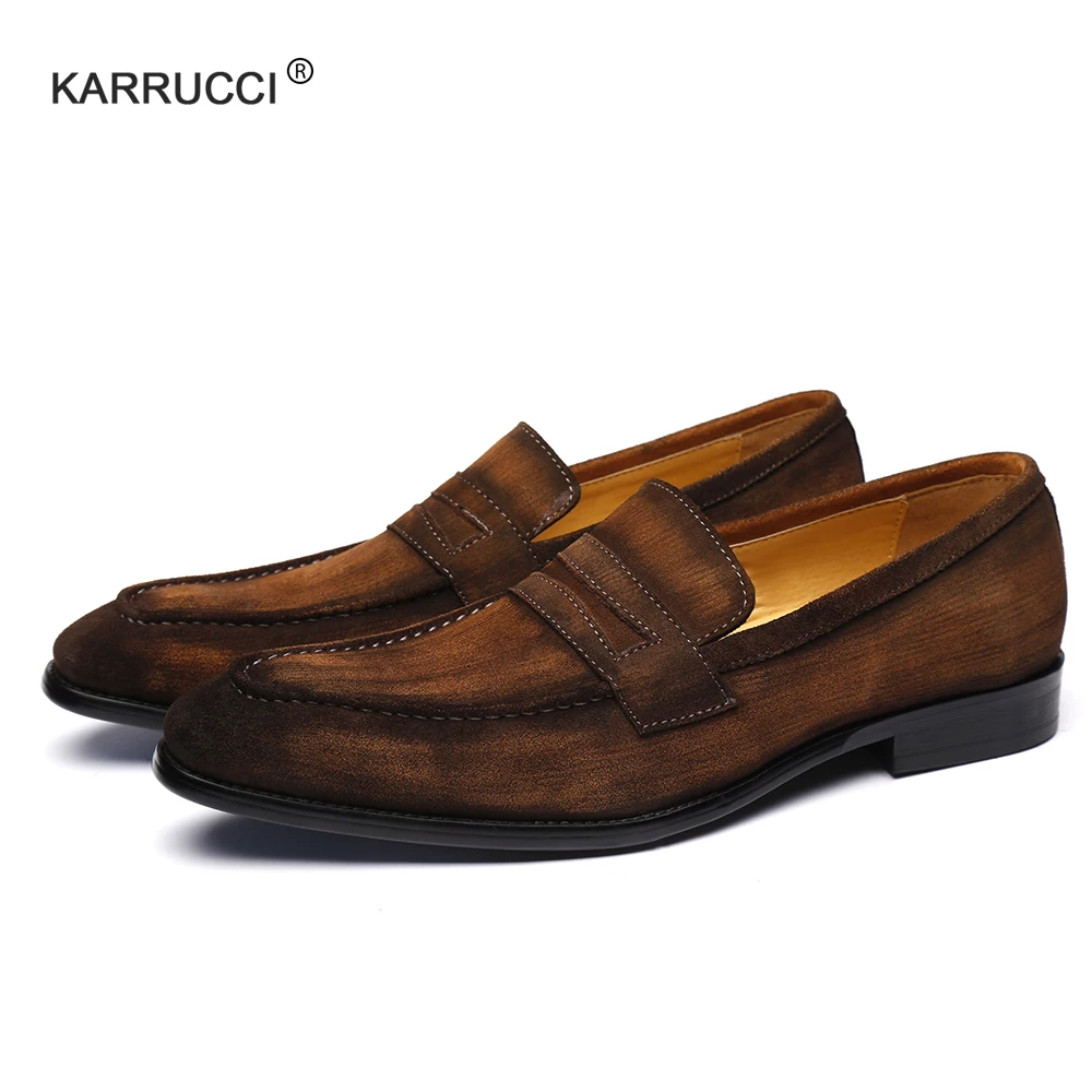 KARRUCCI/роскошные мужские лоферы в итальянском стиле; богатые замшевые туфли с антикварией; цвет красный, синий, коричневый; средняя ширина
