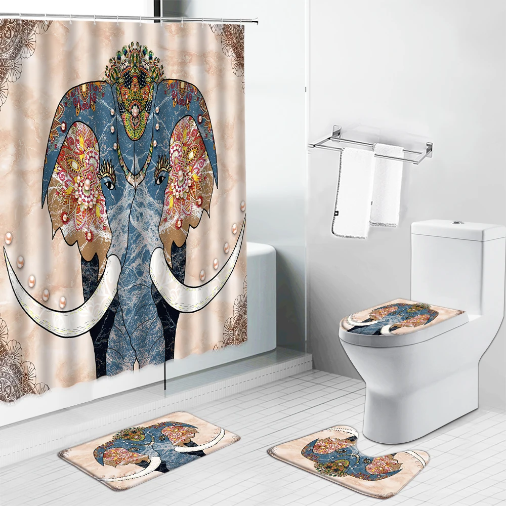 Goedkoop Zebra Bloem Douchegordijn Tijger Olifant Giraffe Non Slip Tapijten Wc Deksel Cover Tapijt Mat Cartoon Dier Badkamer Gordijn Set