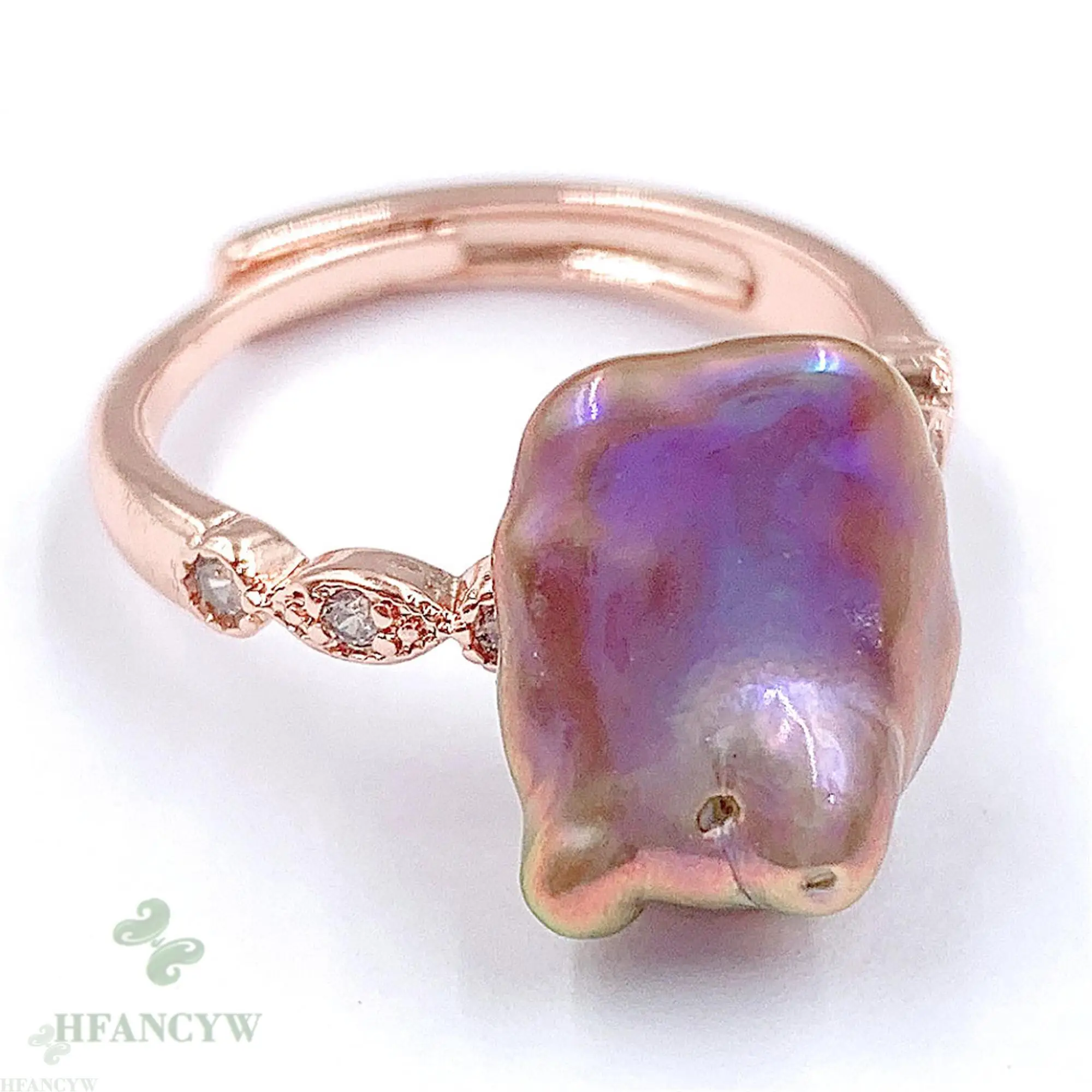 Фиолетовый барочный жемчуг Открытый регулируемый розовое золото кольцо