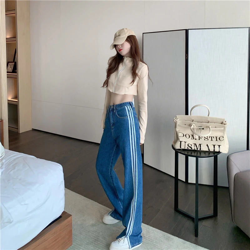 

Jeans Female Side Stripe Loose Fit Hight Waist Thin Denim Pants Ins Fashion Women Wide Leg Trousers Slit Spring Autumn Casual