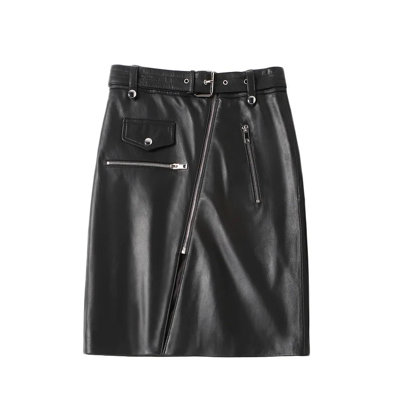 

Womens Waist Genuine Leather Skirt Ladies Real Skeepskin High Quality Front Zipper Runway Street Designer Straight Skirts