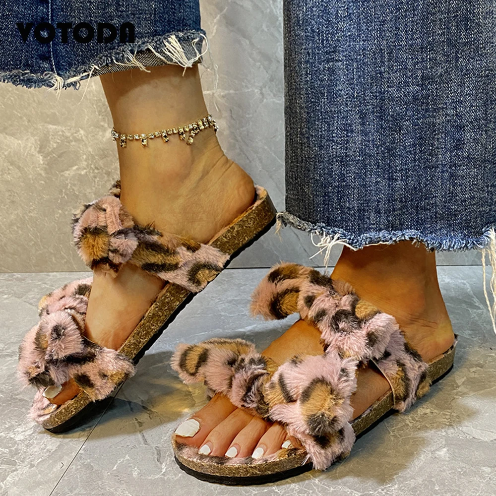 

Winter Women Home Flock Slippers Two Sangles Leopard Ladies Flip Flops Bow-Knot Slides Casual Soft Non-Slip Female Indoor Shoes