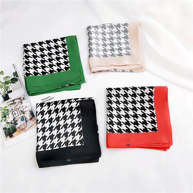

2020 New Lady Stylish Silky Satin Houndstooth Head Scarf 70*70cm Square Silk Scarf Print Foulard Female Women Neckerchief