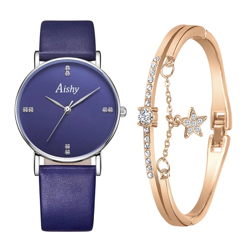 

Women Water-proof Watchesb With Bracelet Set Aishy Soft Genuine Leather Watch Casual Female Quartz Wristwatch White Blue Clock