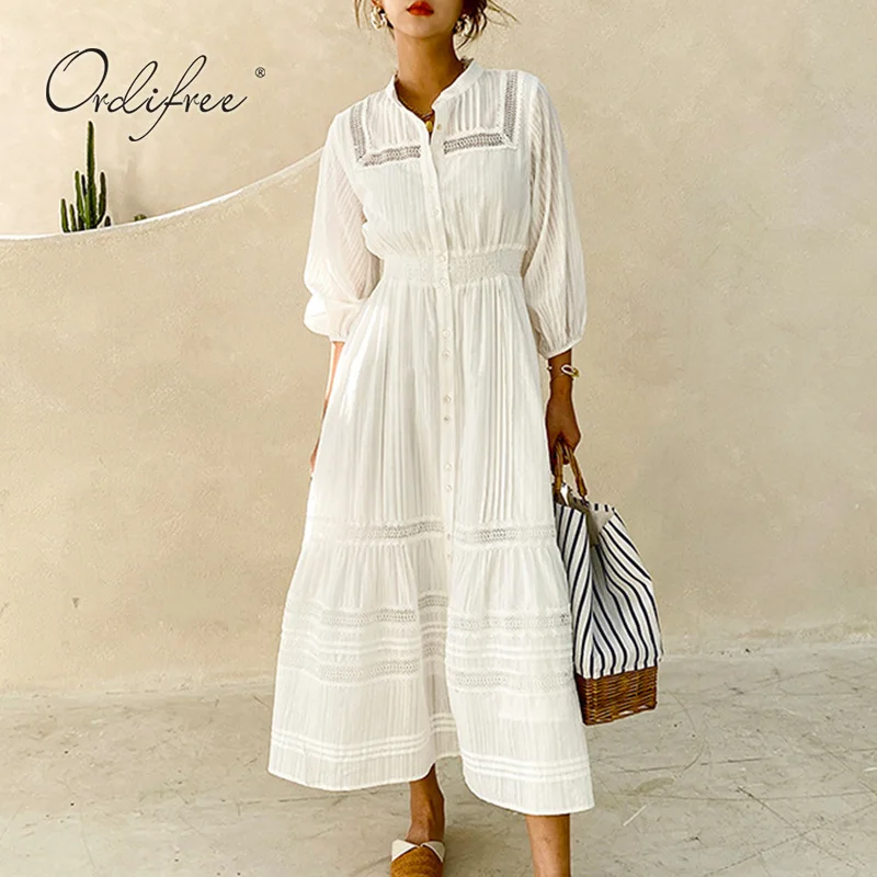 

Ordifree 2022 Summer Women White Long Dress Cardigan Embroidery Hollow Out White Lace Crochet Vocation Maxi Tunic Beach Dress