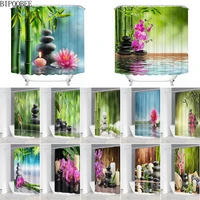 Natural Green Bamboo Fabric Shower Curtains Mildew Proof Durable Bathroom Curtain Lotus Zen Stone Bath Screen with 12 Hooks