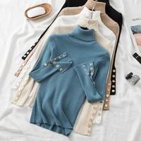 turtleneck sweaters women thick sweater pullovers long sleeve autumn winter button chic sweater slim knit top soft jumper tops