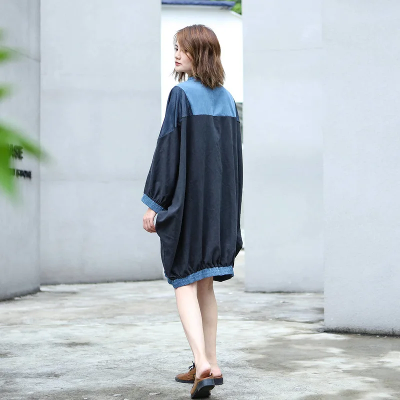 LANMREM синяя свободная ветровка на молнии с круглым вырезом и длинным рукавом