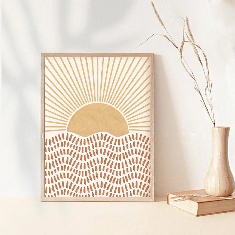 Абстрактная картина восходящее солнце в стиле бохо настенная нейтральная Печать