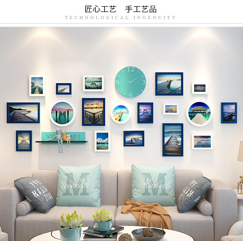 

Large Photo Frame Combination Clock Wall Decoration Hanging Mural Nordic Minimalist Celosia Madera Modern Decoration EF50ZP