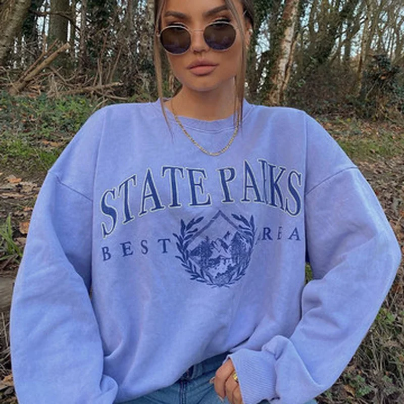 

American Vintage Cotton Letter Print Oversized Sweatshirt Women O Neck Long Sleeve Casual Streetwear Lady 2021 Autumn French Top