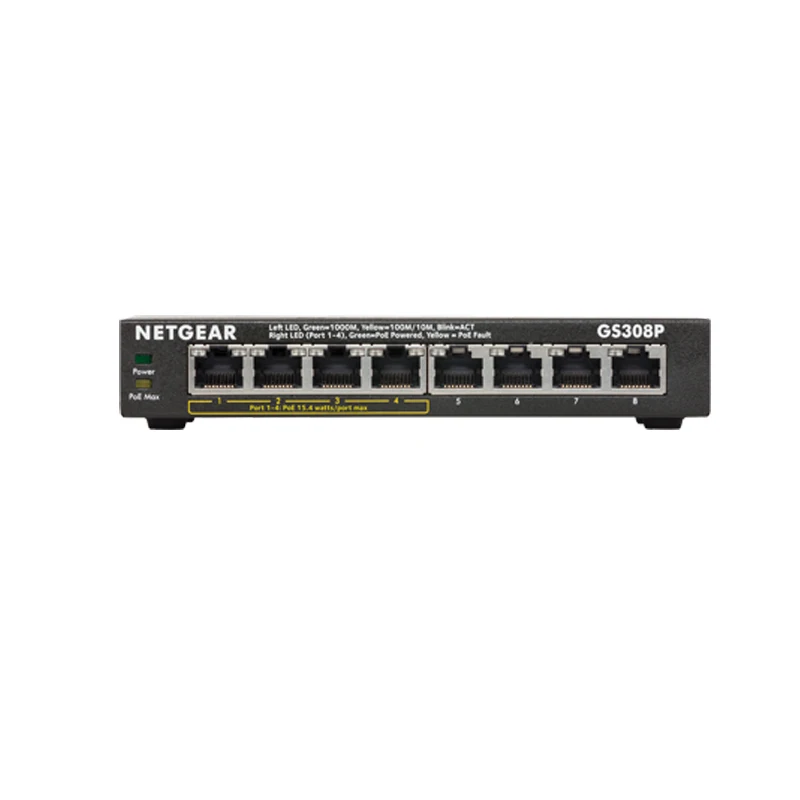 NETGEAR GS308P 8-Port Gigabit Ethernet Unmanaged PoE Switch with 8 x PoE Desktop/Rackmount/Wallmount, Sturdy Metal