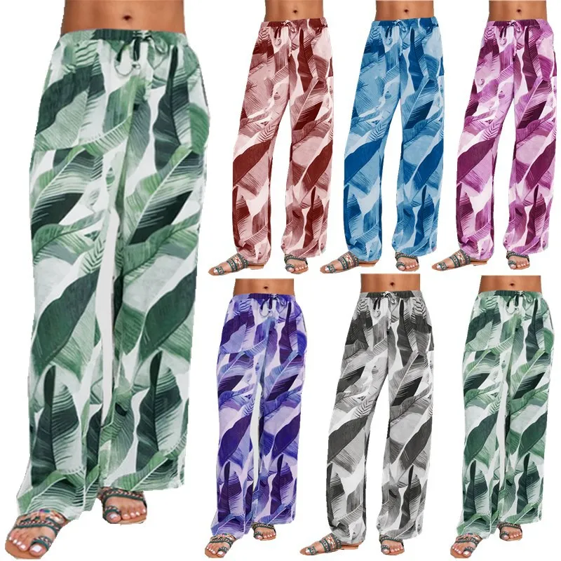 

202 Summer New Leisure Women's Leaves Printed Yoga Wide Leg Sports Ladies Trousers Pants for Women Womens Fashion S-5XL