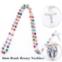 vintage catholic 8mm rosary cross pendant long necklace colorful round beads virgin mary religious jewelry gift