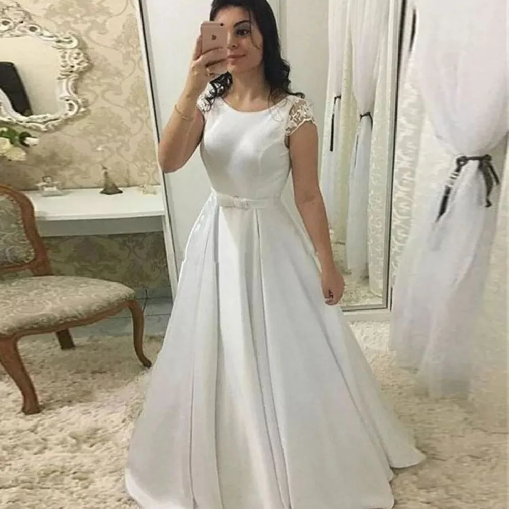 

Satin Wedding Dress Beach Simple Sexy Backless Retro Beige Belt Wedding Dress