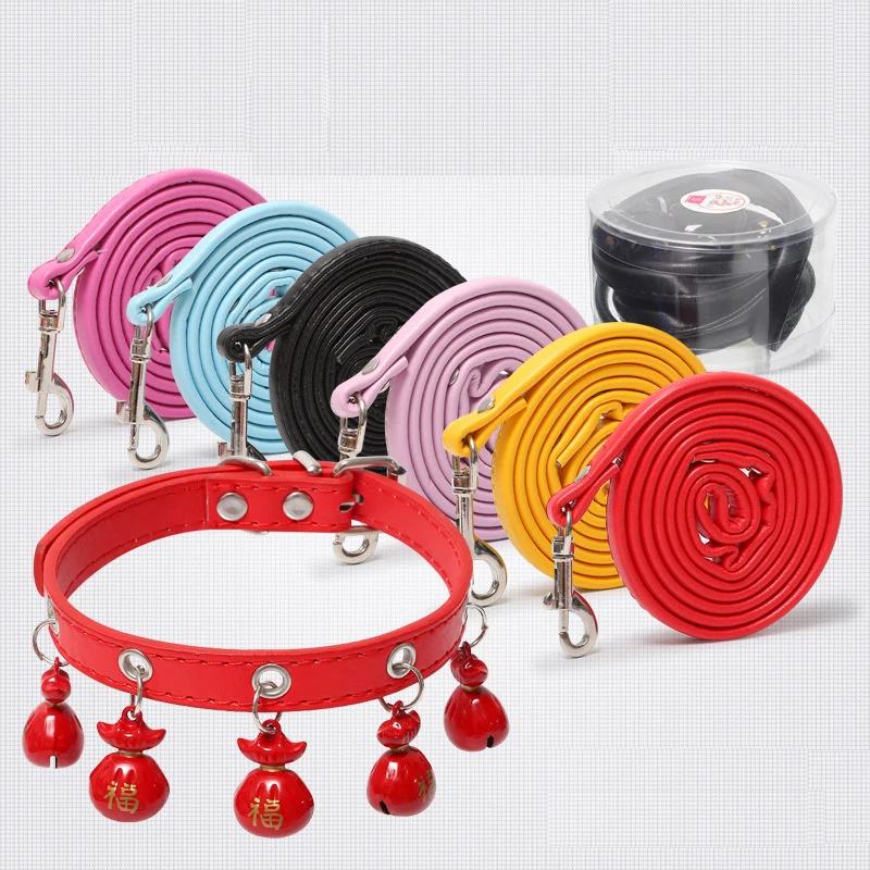 

Dog Collar Cat Small Dog Pet Products PU Leather Cartoon Bell Decorative Collar And Leash Set Adjustable Comfortable Dog Collar