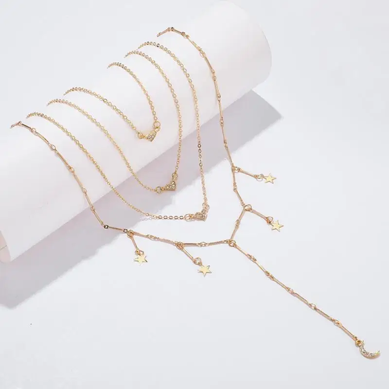 Ожерелье с подвеской в виде Луны звезды стразы многослойные ручная работа