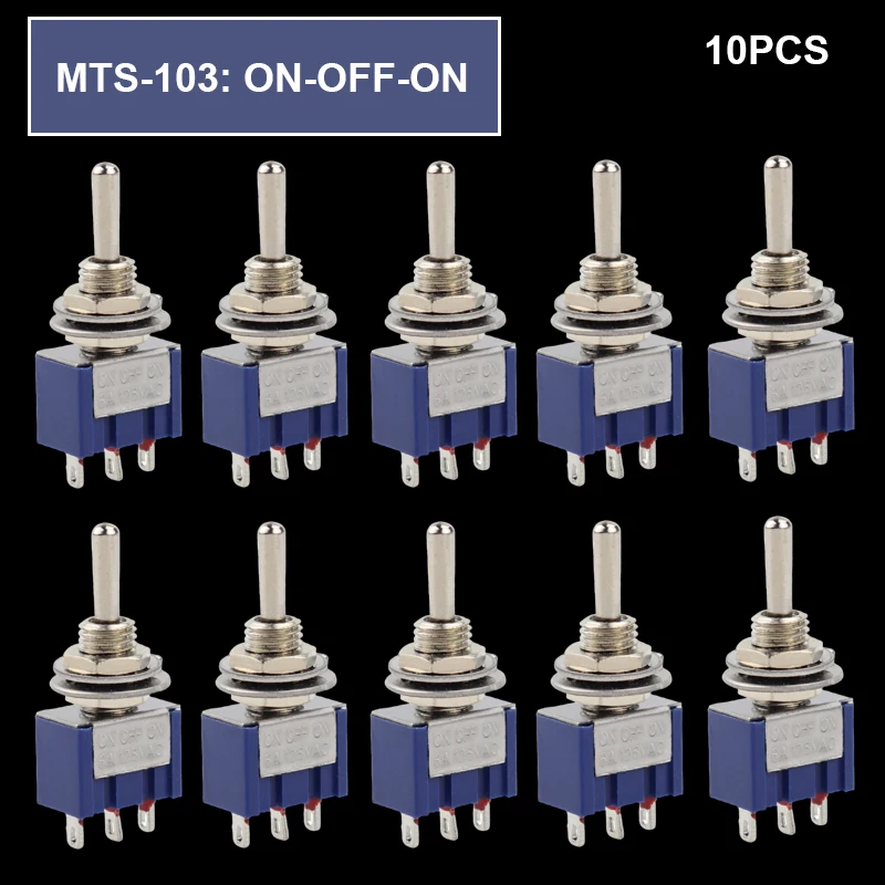 

10Pcs ON-OFF-ON 3 Pin 3 Position Mini Latching Toggle Switch AC 125V/6A 250V/3A MTS-103 BULE S