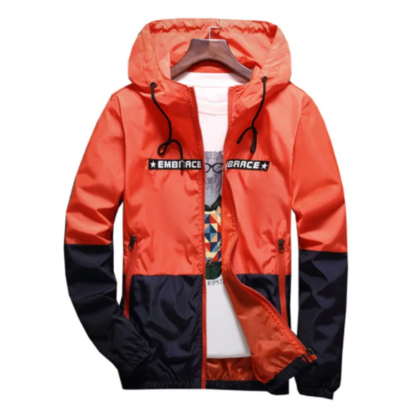

2021New Spring Autumn Bomber Hooded Jacket Men Casual Slim Patchwork Windbreaker Jacket Male Zipper Thin Coat Brand Clothing