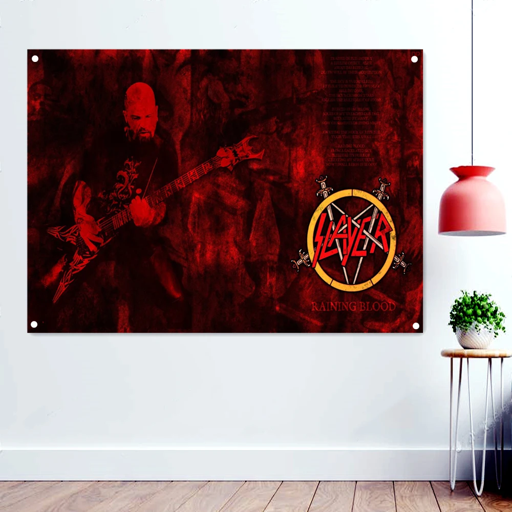 

RAINING BLOOD Vintage Rock Music Band Banners Wall Art Death Metal Artist Poster Scary Blood Skull Flags Retro Home Decoration