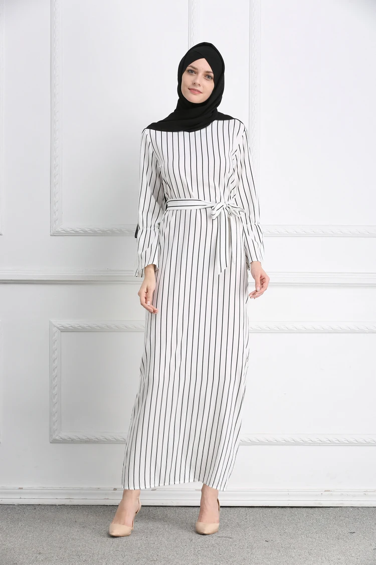 2019 Summer Muslim Fashion Women's Dresses Striped Horn Sleeve kaftan robe | Тематическая одежда и униформа