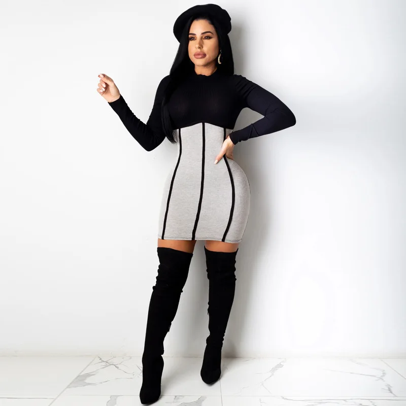 

2020 Autumn Women Dress Mini Patchwork Casual Cotton Long Sleeve O Neck Pullover Bodycon Skinny Fall Clothes Fashion
