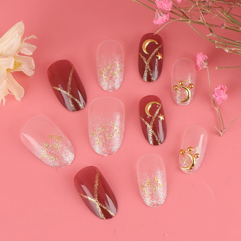 24Pcs/1Set Long Design French Fake Nail Art Tips With Gold Color Glitter Acrylic Full Cover False Nails Tool | Красота и здоровье