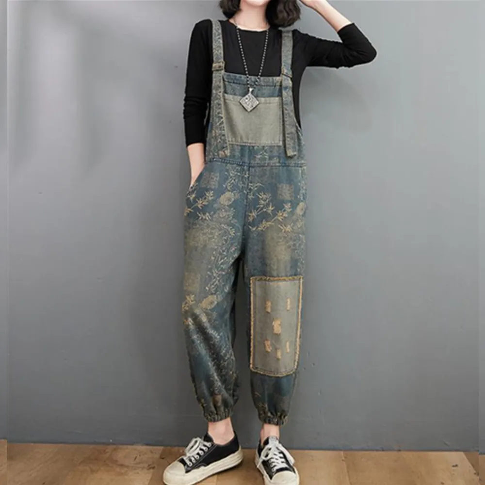 Джинсовый комбинезон с широкими штанинами джинсовый в стиле ретро на бретелях
