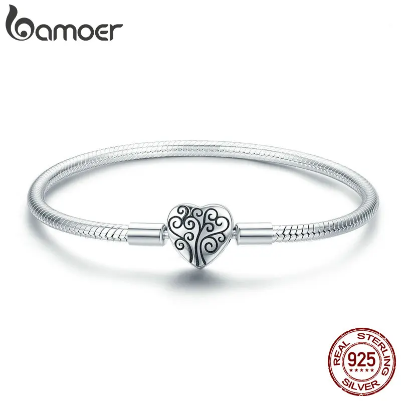 

BAMOER 100% 925 Sterling Silver Spring Tree of Life Heart Shape Clasp Snake Chain Bracelet Sterling Silver Jewelry S925 SCB066