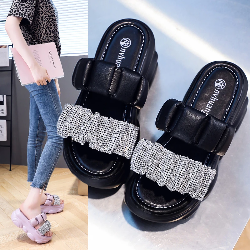 

New Summer Bling Flip Flops Women 7CM Heels Wedge Sandals Peep Toe Ladies Hollow Out Slides High Platform Beach Flip-Flop Woman