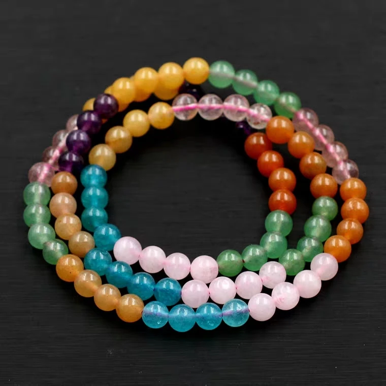 

6mm Natural Different Mixed Rainbow Lapis Chalcedony Amazonite Rose Quartz Agate Amber Round Beads Bracelet 3 Laps AAAAA
