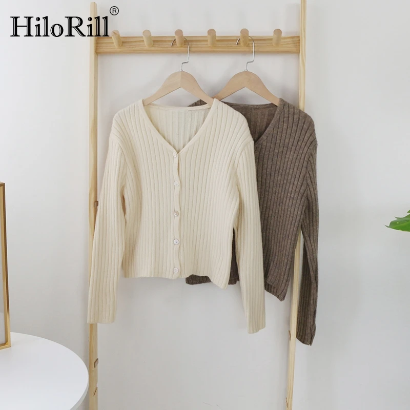 

HiloRill Solid Color Elegant Cardigan Sweater Women V Neck Knitted Tops Long Sleeve Casual Cardigans Autumn Winter Pull Femme