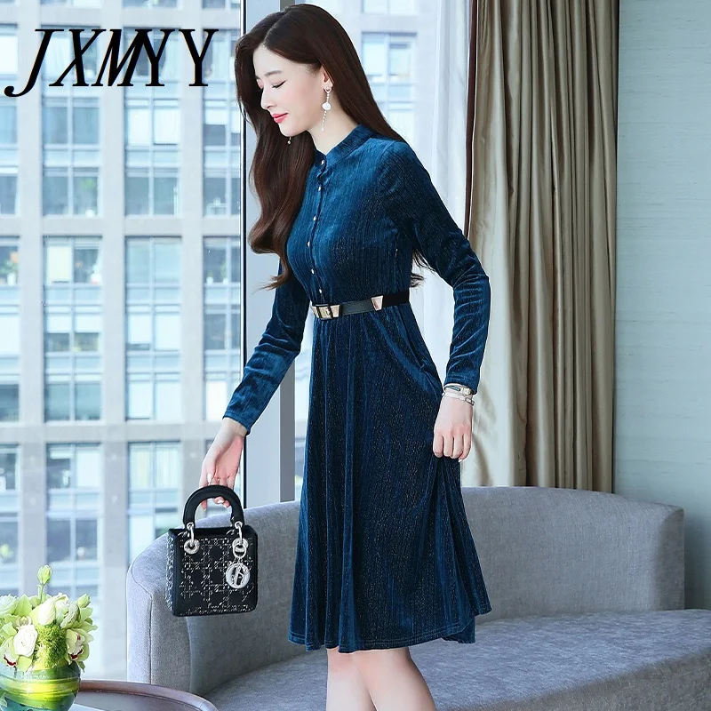 JXMYY 2021 Золотое бархатное платье с длинным рукавом женское весеннее и осеннее